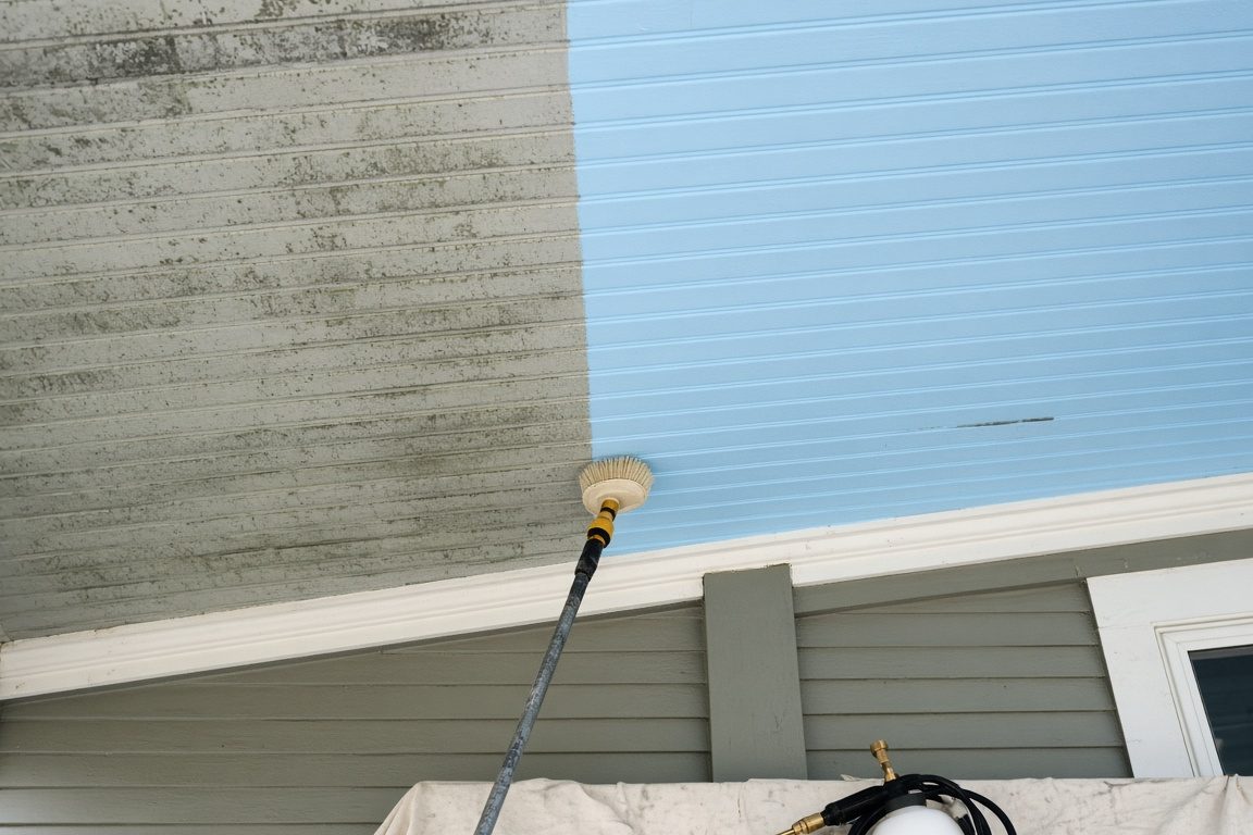 Illustration of a beadboard porch ceiling before and after a mildew wash