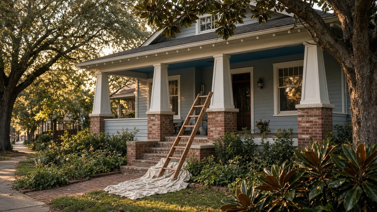 Illustration of a 1920s Craftsman bungalow with tapered porch columns