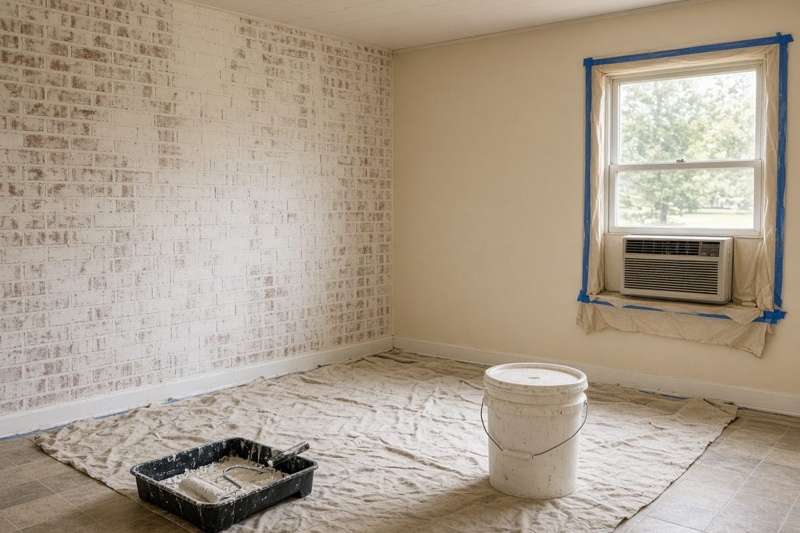 Illustration of an empty 1960s ranch room with paneling being primed
